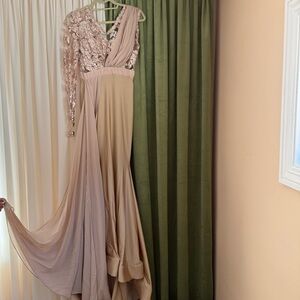 Elegant Ryan & Walter Beige and Gold Gown with Sequin Details